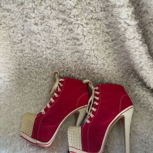 Zigi Girl Salute Red canvas lace up ankle hidden platform heels beige trimsSZ8.5 - Picture 5 of 12